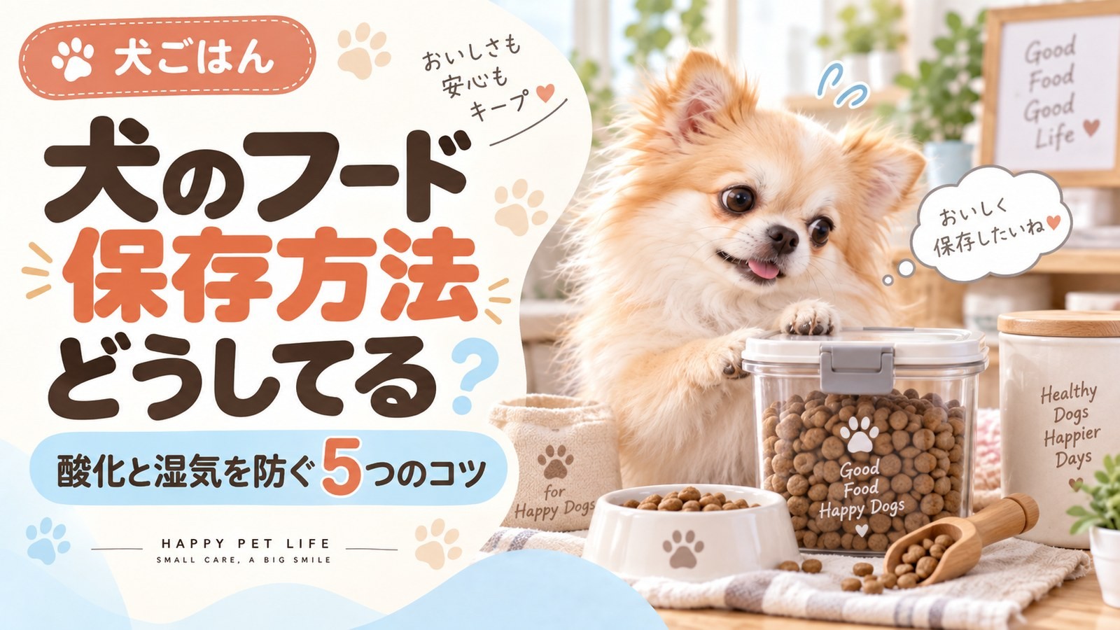 密閉容器に入れたドッグフードと、開封後の保存のコツのサムネイル