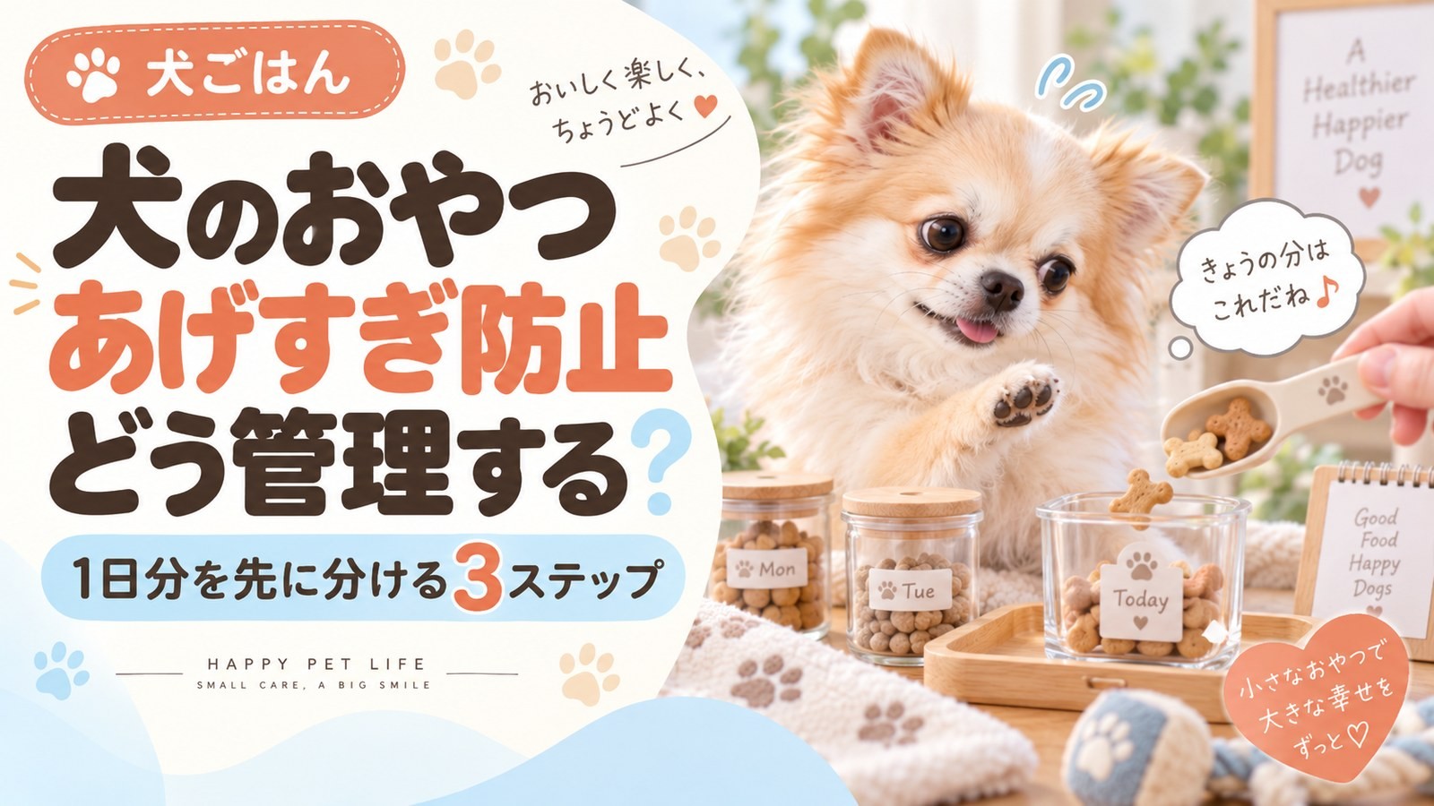 1日分のおやつを分けた容器と小型犬、あげすぎ防止の管理方法のサムネイル