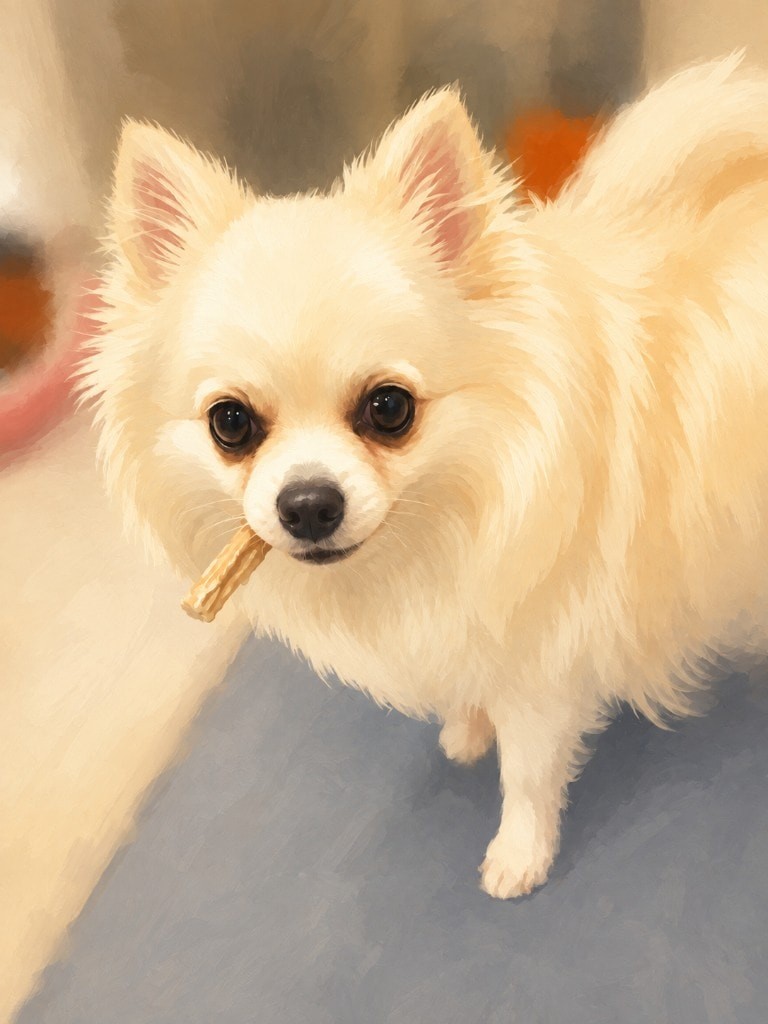 おやつをくわえてこちらを見るポメチワ太
